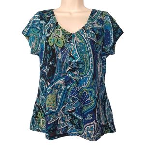 VILLAGER Blue Green Paisley Floral Print Short Sleeve Stretchy Top Medium
